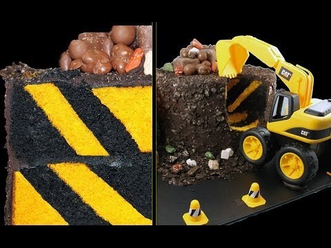 DIGGER CAKE! Diagonal Stripe Surprise Inside Construction Cake Tutorial by Cupcake Addiction