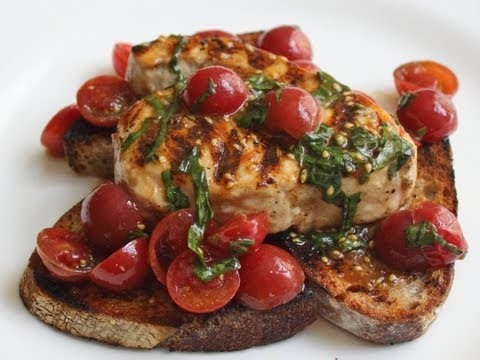Grilled Swordfish Bruschetta Recipe – Grilled Swordfish with Cherry Tomato Salad on Grilled Bread