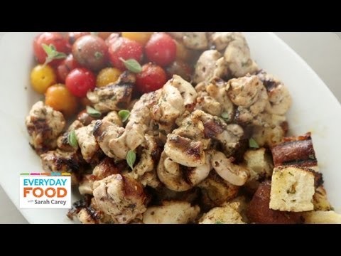 Chicken, Tomato, & Bread-Cube Kebabs with Lemon Oregano Marinade – Everyday Food with Sarah Carey